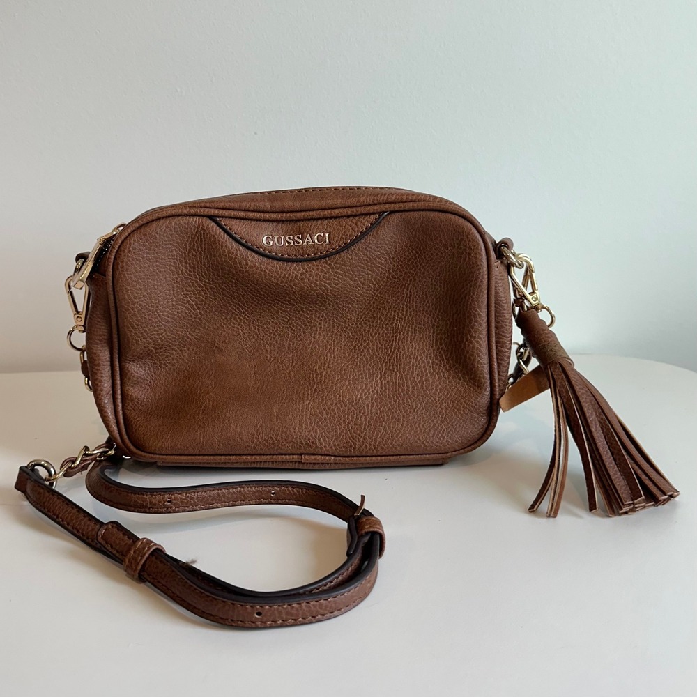Gussaci Brown Pebbled Faux Leather Crossbody Camera Bag with Tassel Accent